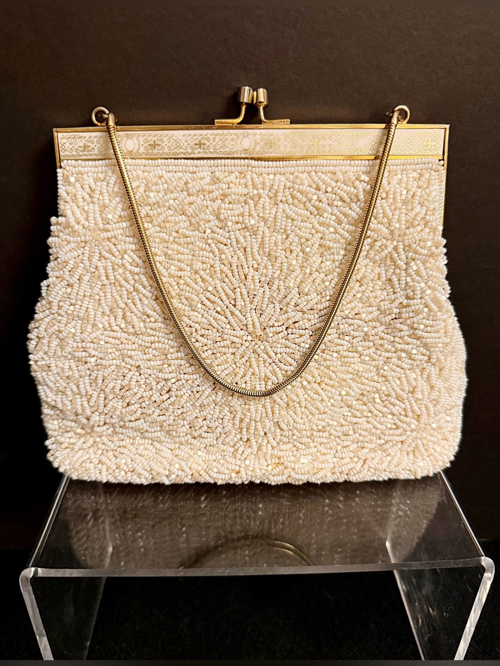 Vintage Ivory Beaded Evening Bag Gold Frame Bridal Purse